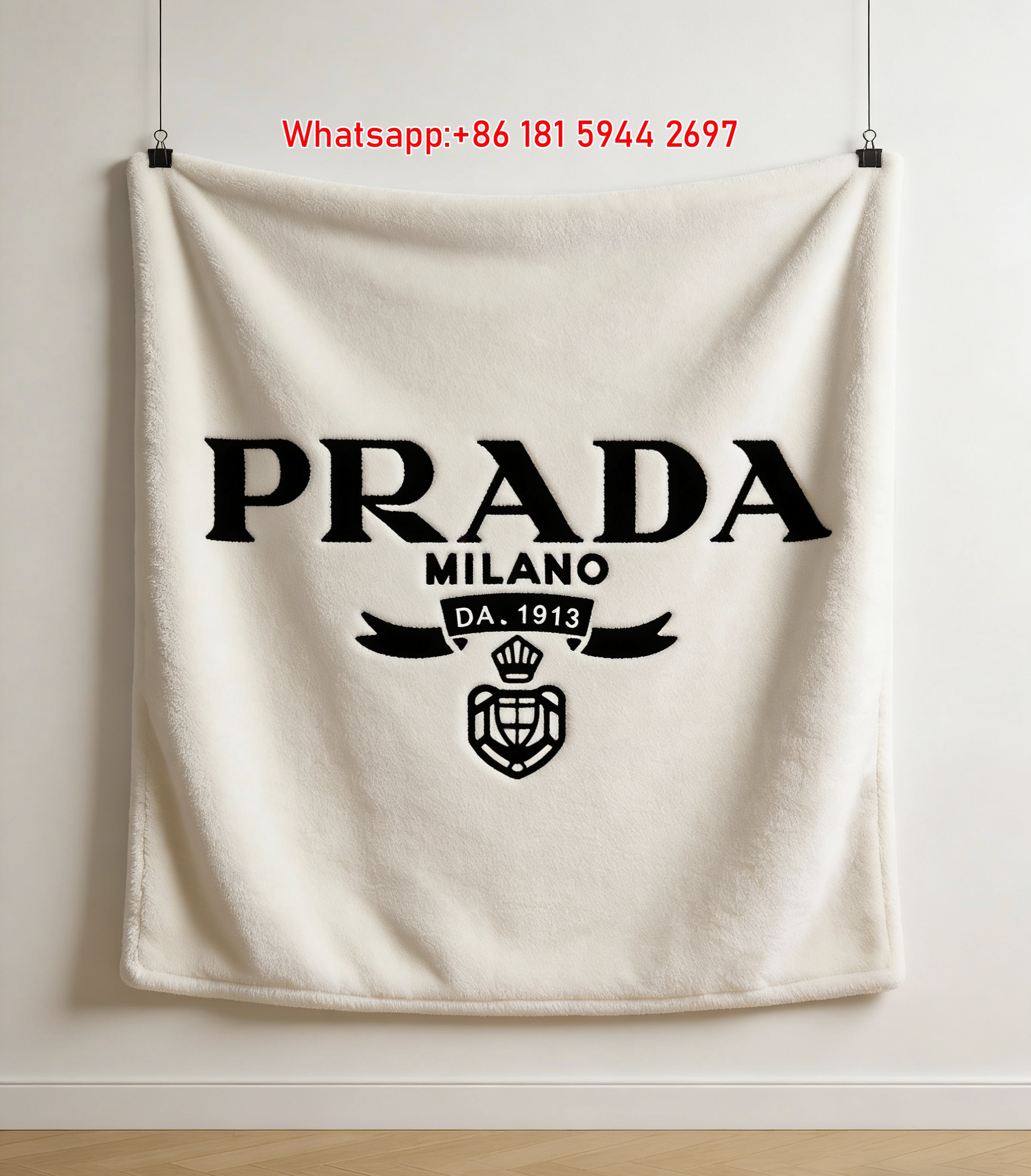 Prada Black White Milano Dal 1913 Crest Logo Print Fleece Sofa Throw Blanket IMG_2675